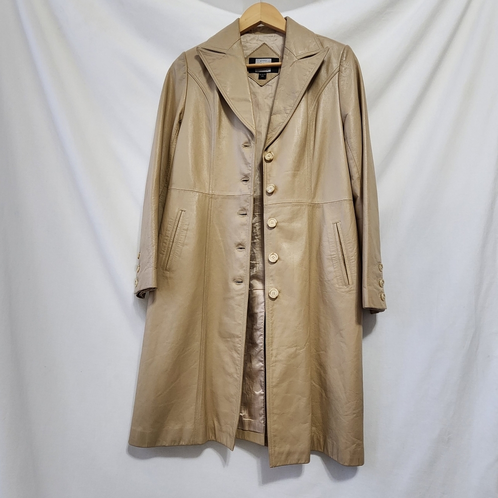 Vtg Ivory Leather Long Over Coat Classic Y2K 90s Fashion Carolyncore Minimalist
